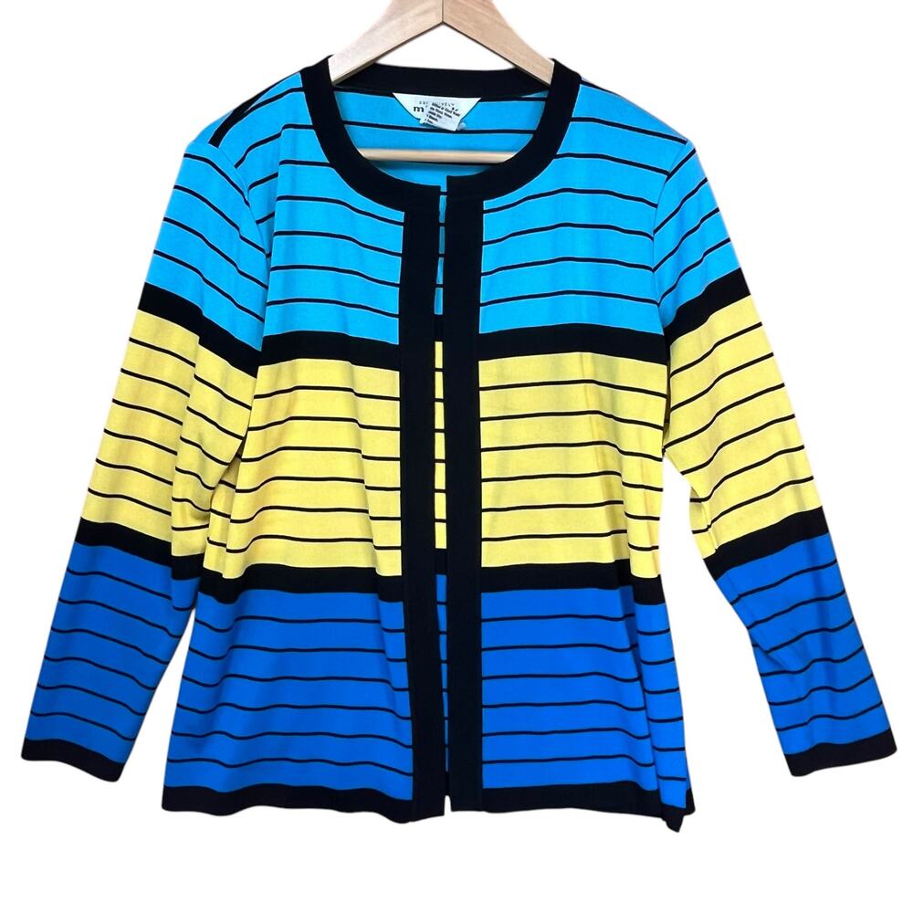 Misook Women’s Blue‎ Yellow Black Striped Acrylic Open Cardigan Sweater Small